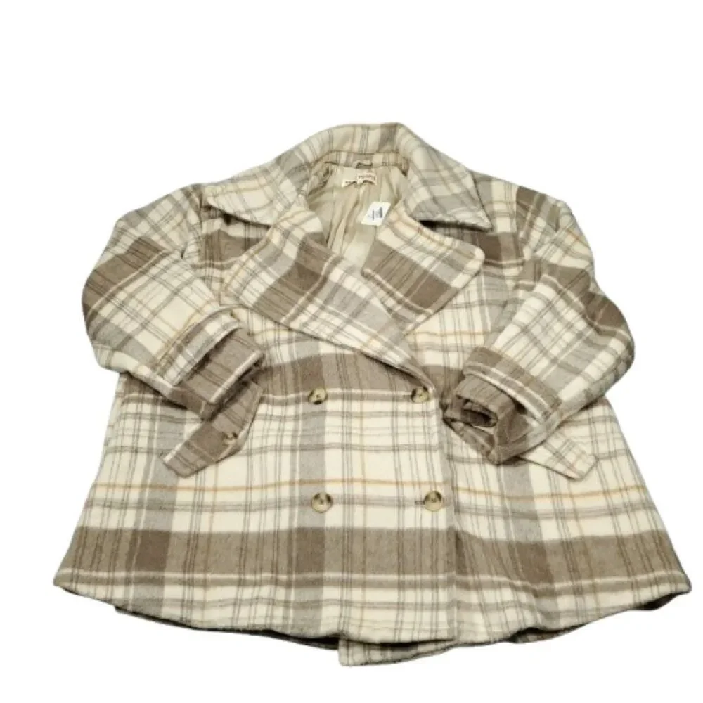 Free People Highlands Wool Plaid Double Breasted Peacoat Brown Size XL Oversized